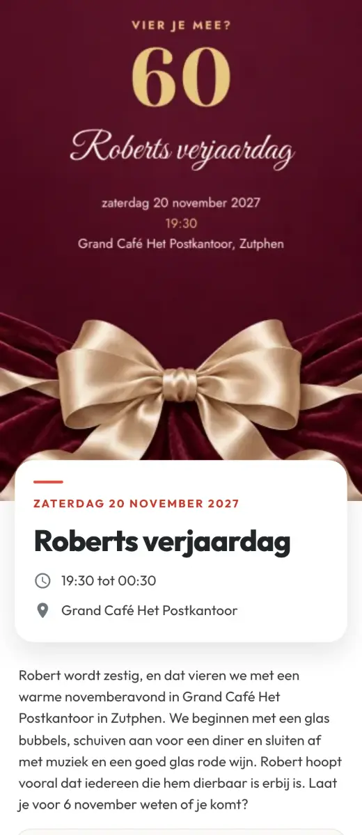 De voorbeelduitnodiging Roberts verjaardag zoals gasten hem op hun telefoon zien