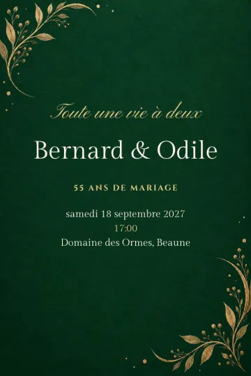 Invitation Anniversaire de mariage, modèle Émeraude et or
