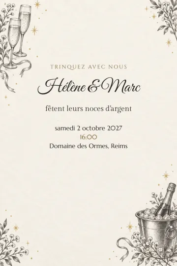 Invitation Anniversaire de mariage, modèle Champagne au crayon