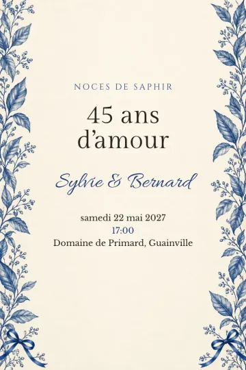Invitation Anniversaire de mariage, modèle Rinceaux saphir