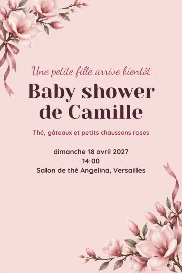 Invitation Baby shower, modèle Magnolia rose poudré