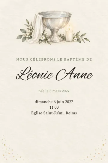 Invitation Baptême et communion, modèle Fonts baptismaux