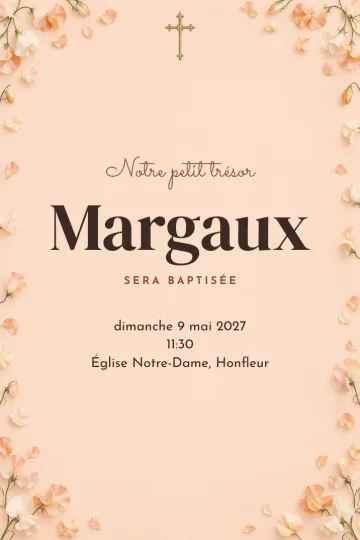 Invitation Baptême et communion, modèle Pois de senteur pêche