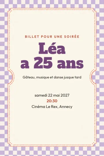 Invitation Anniversaire, modèle Billet lavande