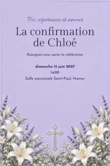 Invitation Baptême et communion, modèle Lys et lavande