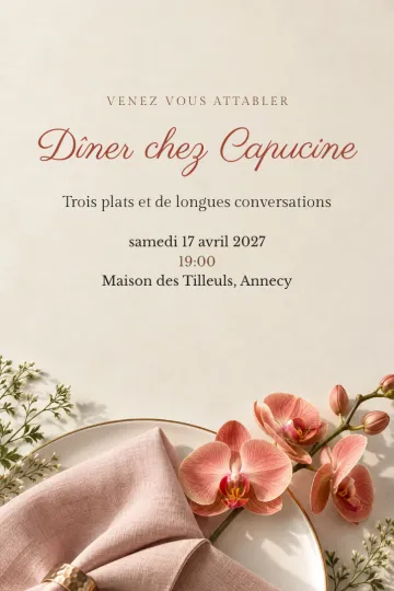 Invitation Dîner et apéro, modèle Orchidée corail