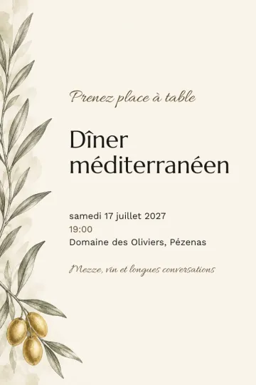 Invitation Dîner et apéro, modèle Branche d’olivier