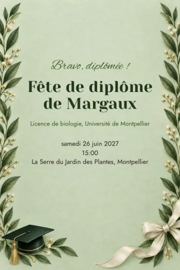 Invitation Diplôme, modèle Lauriers et chapeau de diplômé