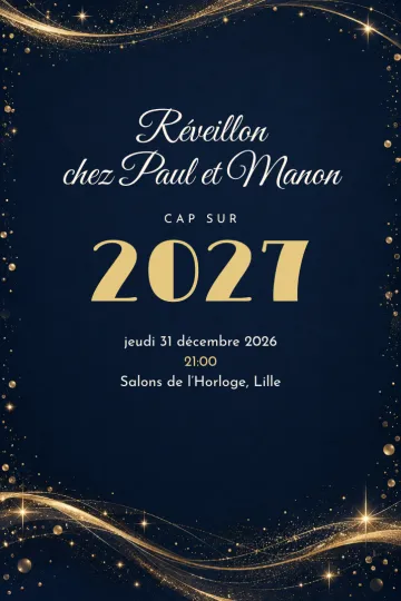 Invitation Fêtes de l’année, modèle Pluie d’étoiles dorées