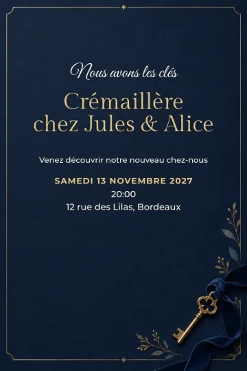 Invitation Crémaillère, modèle Clé dorée