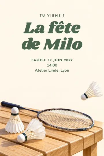 Invitation avec le modèle Fête badminton