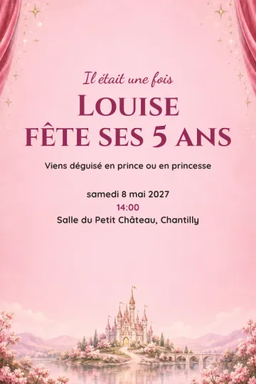 Invitation Anniversaire enfant, modèle Château derrière le rideau