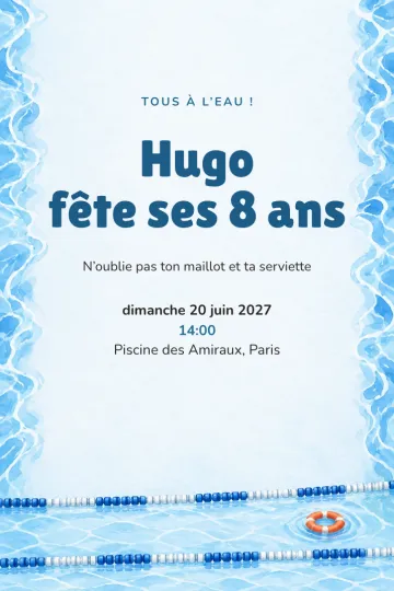 Invitation Anniversaire enfant, modèle Couloirs de nage