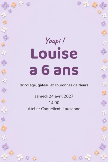Invitation Anniversaire enfant, modèle Pétales lilas