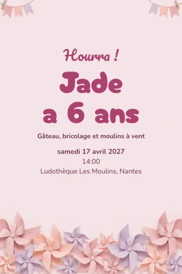 Invitation Anniversaire enfant, modèle Moulins à vent roses