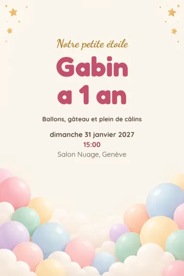 Invitation Anniversaire enfant, modèle Nuage de ballons