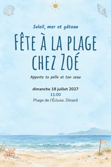 Invitation Anniversaire enfant, modèle Coquillages et soleil