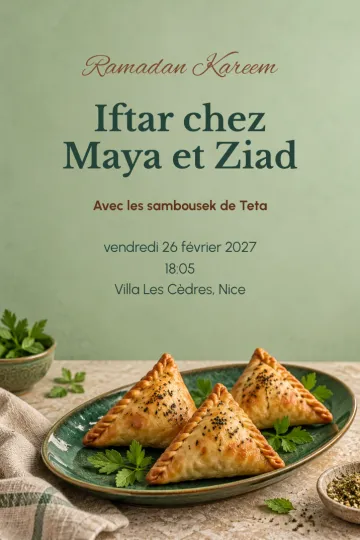 Invitation Fêtes de l’année, modèle Les sambousek de Teta