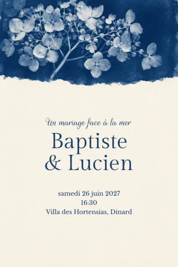 Invitation Mariage, modèle Hortensia en cyanotype