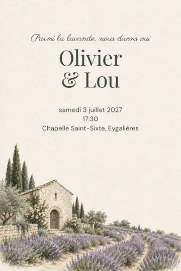 Invitation Mariage, modèle Chapelle dans la lavande