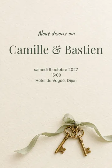 Invitation Mariage, modèle Clés au ruban