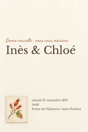 Invitation Mariage, modèle Timbre à l’églantier