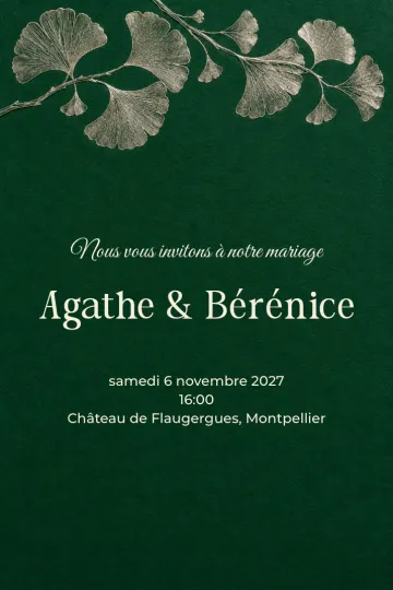 Invitation Mariage, modèle Ginkgo gravé en argent