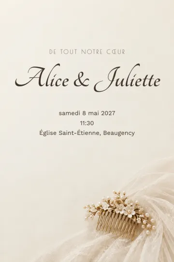 Invitation Mariage, modèle Voile et peigne nacré