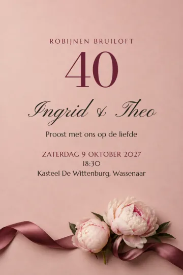 Uitnodiging Jubileum, ontwerp Pioenrozen met lint