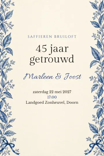 Uitnodiging Jubileum, ontwerp Saffierblauwe ranken