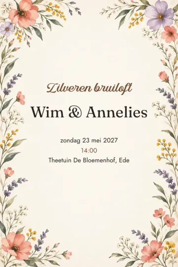 Uitnodiging Jubileum, ontwerp Wilde bloemen