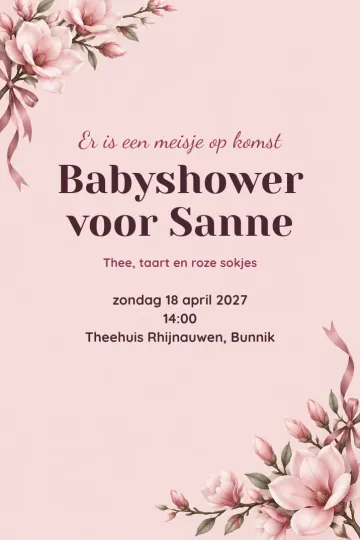 Uitnodiging Babyshower, ontwerp Magnolia met roze lint