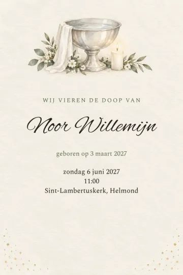 Uitnodiging Doop en communie, ontwerp Doopvont in linnen