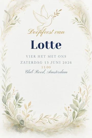 Uitnodiging met het ontwerp Olijftak en duif