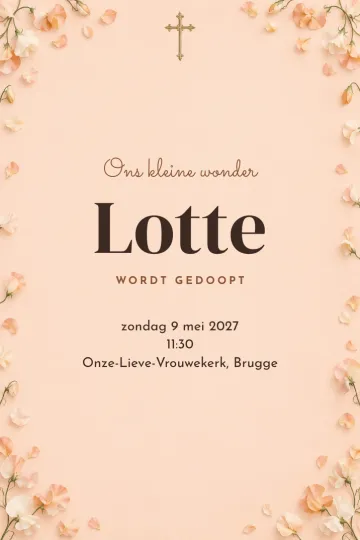 Uitnodiging Doop en communie, ontwerp Perzik met lathyrus