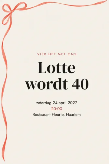 Uitnodiging Verjaardag, ontwerp Koraalrode strik