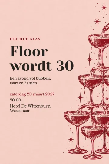 Uitnodiging Verjaardag, ontwerp Champagnetoren in cranberry