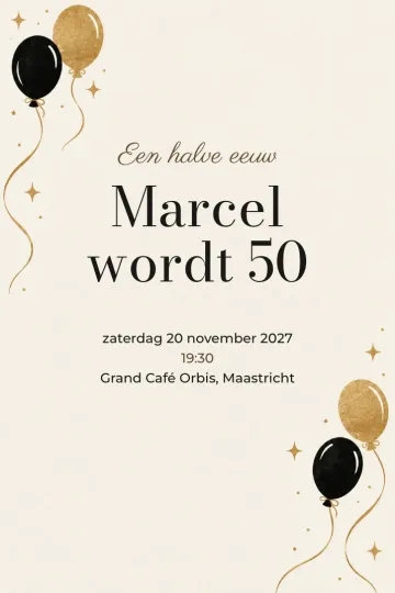 Uitnodiging Verjaardag, ontwerp Zwarte en gouden ballonnen