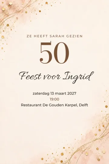 Uitnodiging Verjaardag, ontwerp Goudstof op roze