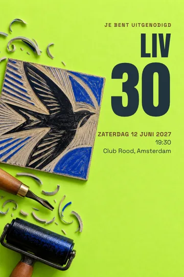 Uitnodiging met het ontwerp Linodruk atelier