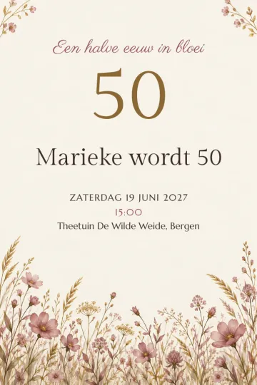 Uitnodiging Verjaardag, ontwerp Gouden bloemenweide