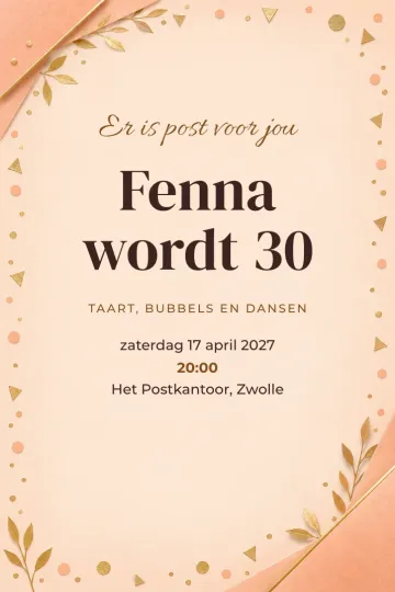 Uitnodiging Verjaardag, ontwerp Perzikkleurige envelop