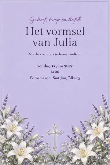 Uitnodiging Doop en communie, ontwerp Lelies en lavendel