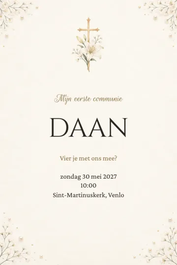 Uitnodiging Doop en communie, ontwerp Lelie met gouden kruis