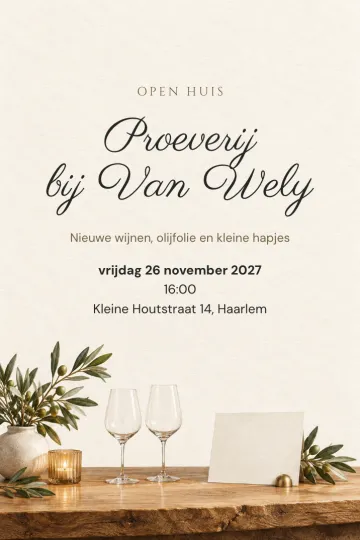 Uitnodiging Bedrijfsfeest, ontwerp Eiken proeftafel