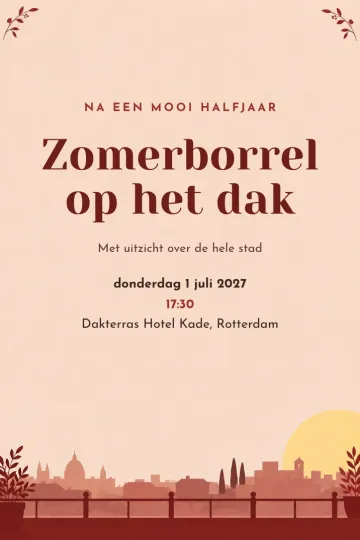 Uitnodiging Bedrijfsfeest, ontwerp Dakterras bij zonsondergang