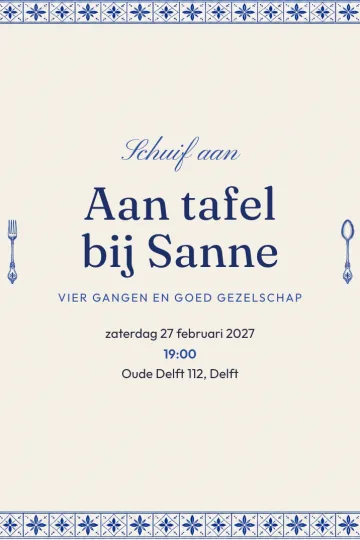 Uitnodiging Diner en borrel, ontwerp Delfts blauw diner