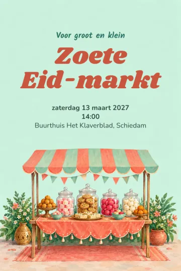 Uitnodiging Feestdagen, ontwerp Snoepkraam onder de luifel
