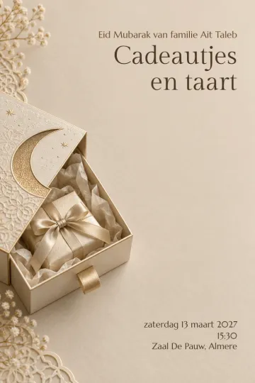 Uitnodiging Feestdagen, ontwerp Cadeaulade met maan