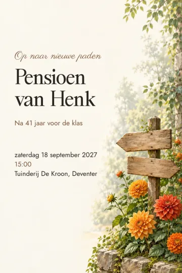 Uitnodiging Afscheid en pensioen, ontwerp Wegwijzer met dahlia’s